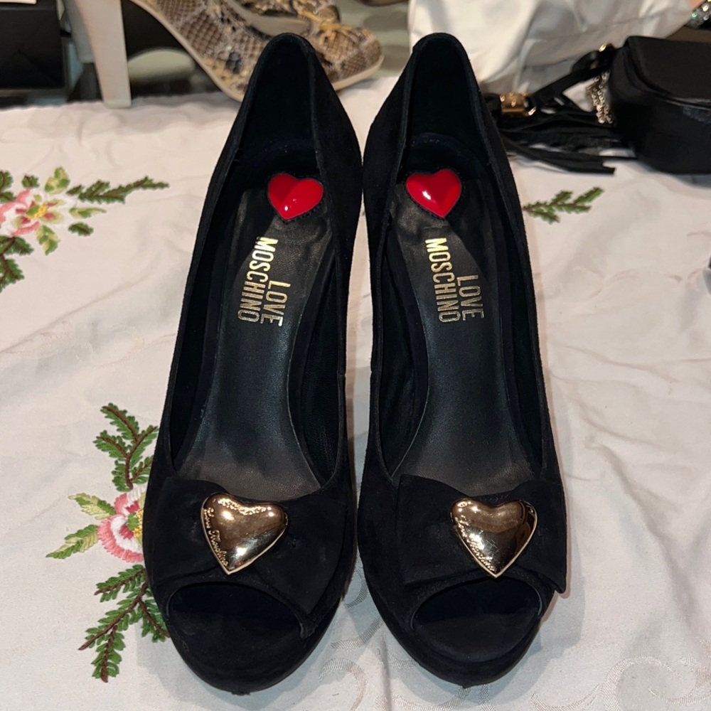 Love Moschino Suede Black Heels with Gold Accents